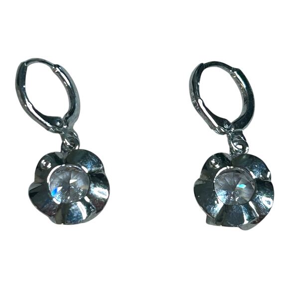 Sterling Silver Round Floral Set Dangle Leverback Sparkling Crystal Earrings - Picture 6 of 8